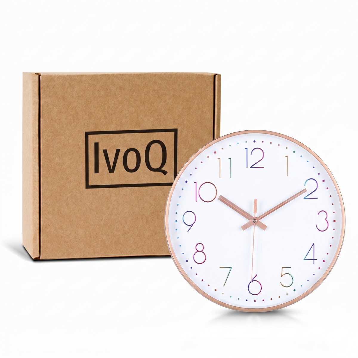 IvoQ Moderne Wandklok - Stil Uurwerk - Rosé Goud & Gekleurde 3D Cijfers - Analoog - Niet Tikkend - 30 cm