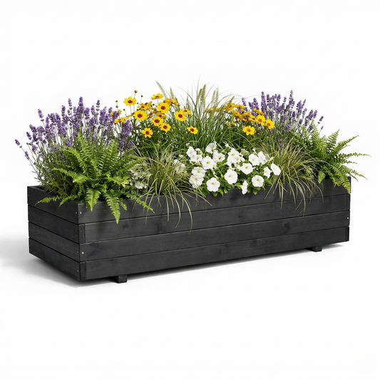 IvoQ Luxus-Pflanzkasten aus Holz für den Außenbereich – Schwarzes FSC-zertifiziertes Holz – Wetterfester Blumenkasten – 120 x 40 x 32 cm
