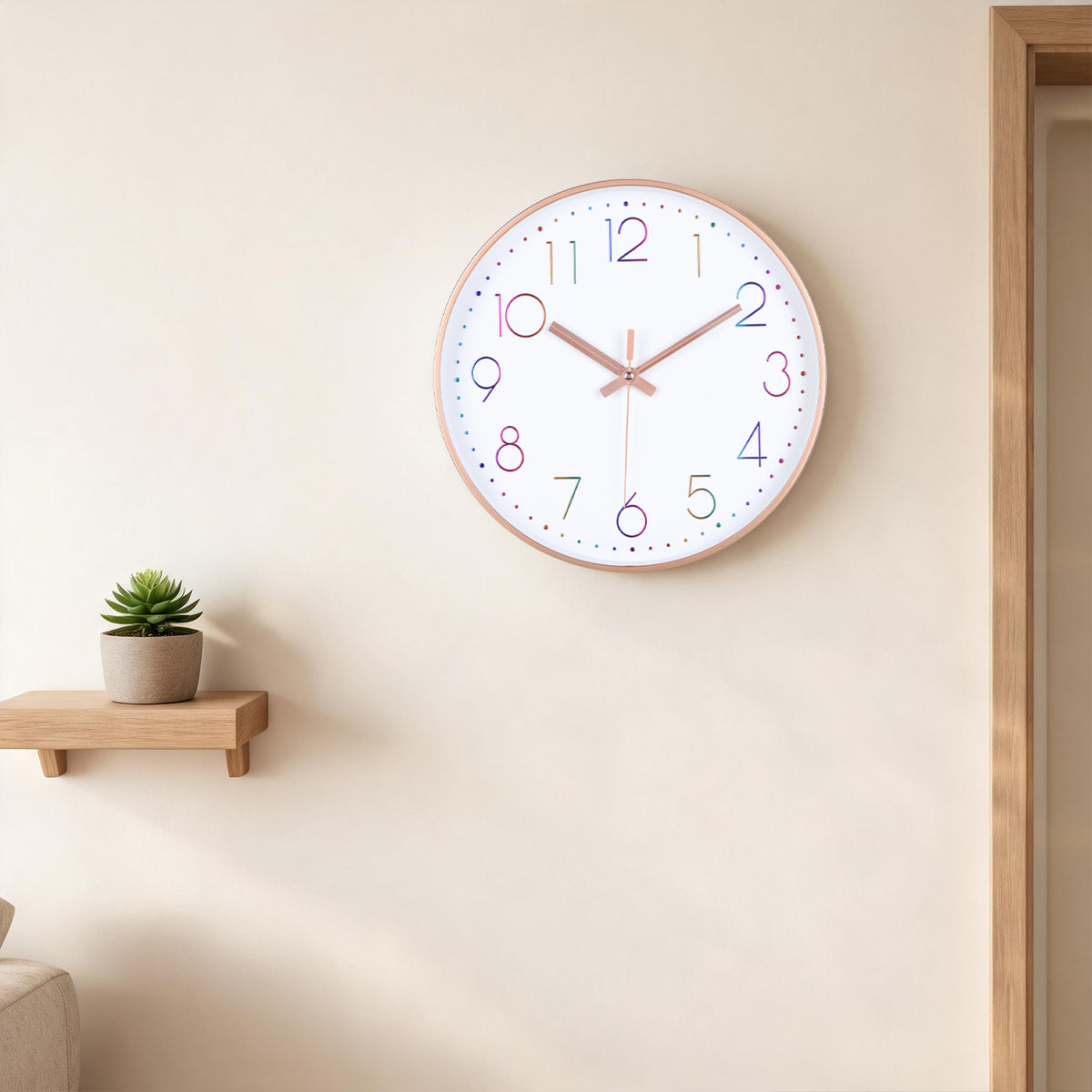 IvoQ Moderne Wandklok - Stil Uurwerk - Rosé Goud & Gekleurde 3D Cijfers - Analoog - Niet Tikkend - 30 cm