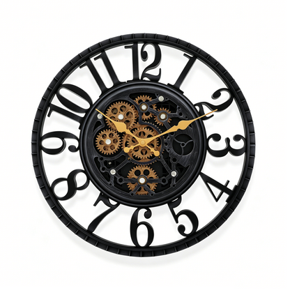 IvoQ Industrielle Wanduhr mit drehenden Zahnrädern - Schwarz & Gold - Robuste Wanduhr - 40 cm