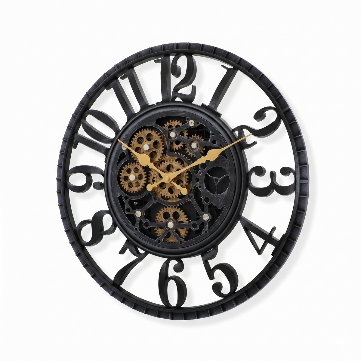 IvoQ Industrielle Wanduhr mit drehenden Zahnrädern - Schwarz & Gold - Robuste Wanduhr - 40 cm