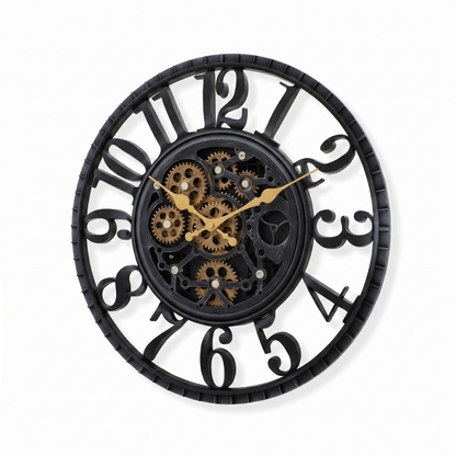 IvoQ Industrielle Wanduhr mit drehenden Zahnrädern - Schwarz & Gold - Robuste Wanduhr - 40 cm