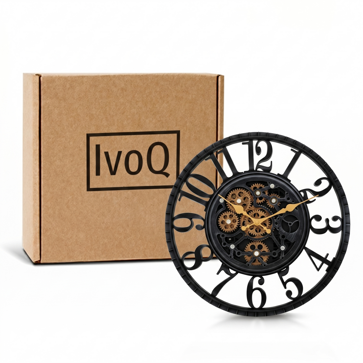 IvoQ Industrielle Wanduhr mit drehenden Zahnrädern - Schwarz & Gold - Robuste Wanduhr - 40 cm