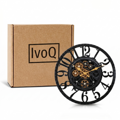 IvoQ Industrielle Wanduhr mit drehenden Zahnrädern - Schwarz & Gold - Robuste Wanduhr - 40 cm