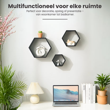 IvoQ Wandplanken Hexagon Set 3 stuks Zwart-IvoQ