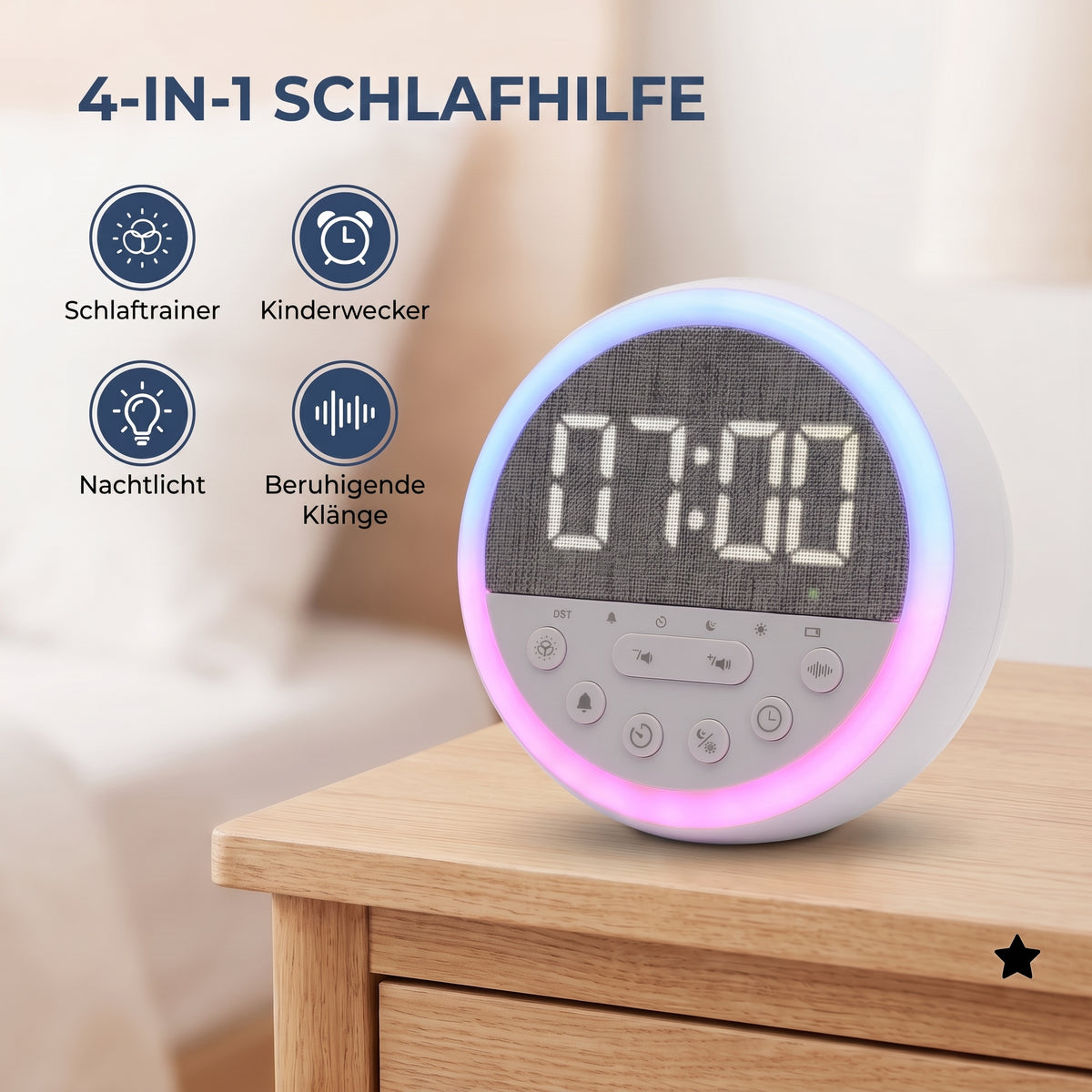 IvoQ Schlaftrainer Kinder - Kinderwecker - Nachtlicht - White Noise