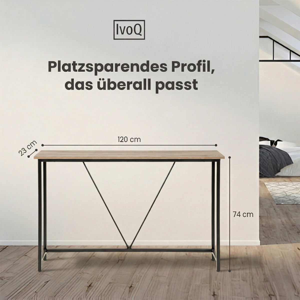 IvoQ Industrie-Beistelltisch - Konsolentisch Holz & Metall - Schmaler Flurtisch - Eichenoptik/Schwarz - 120x23x74 cm