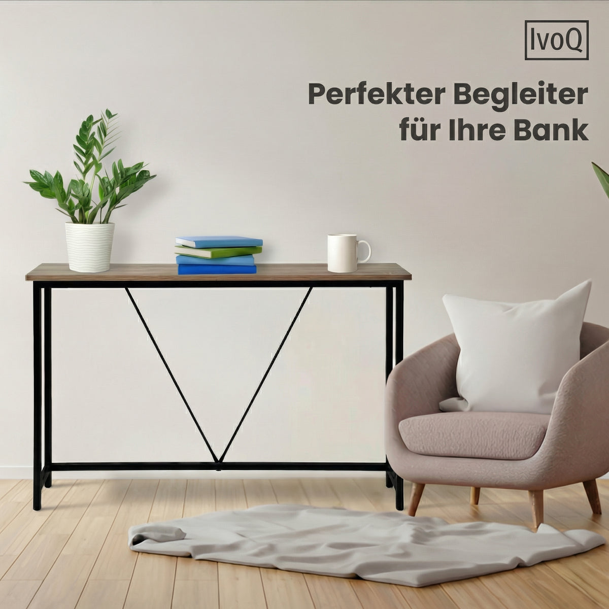 IvoQ Industrie-Beistelltisch - Konsolentisch Holz & Metall - Schmaler Flurtisch - Eichenoptik/Schwarz - 120x23x74 cm