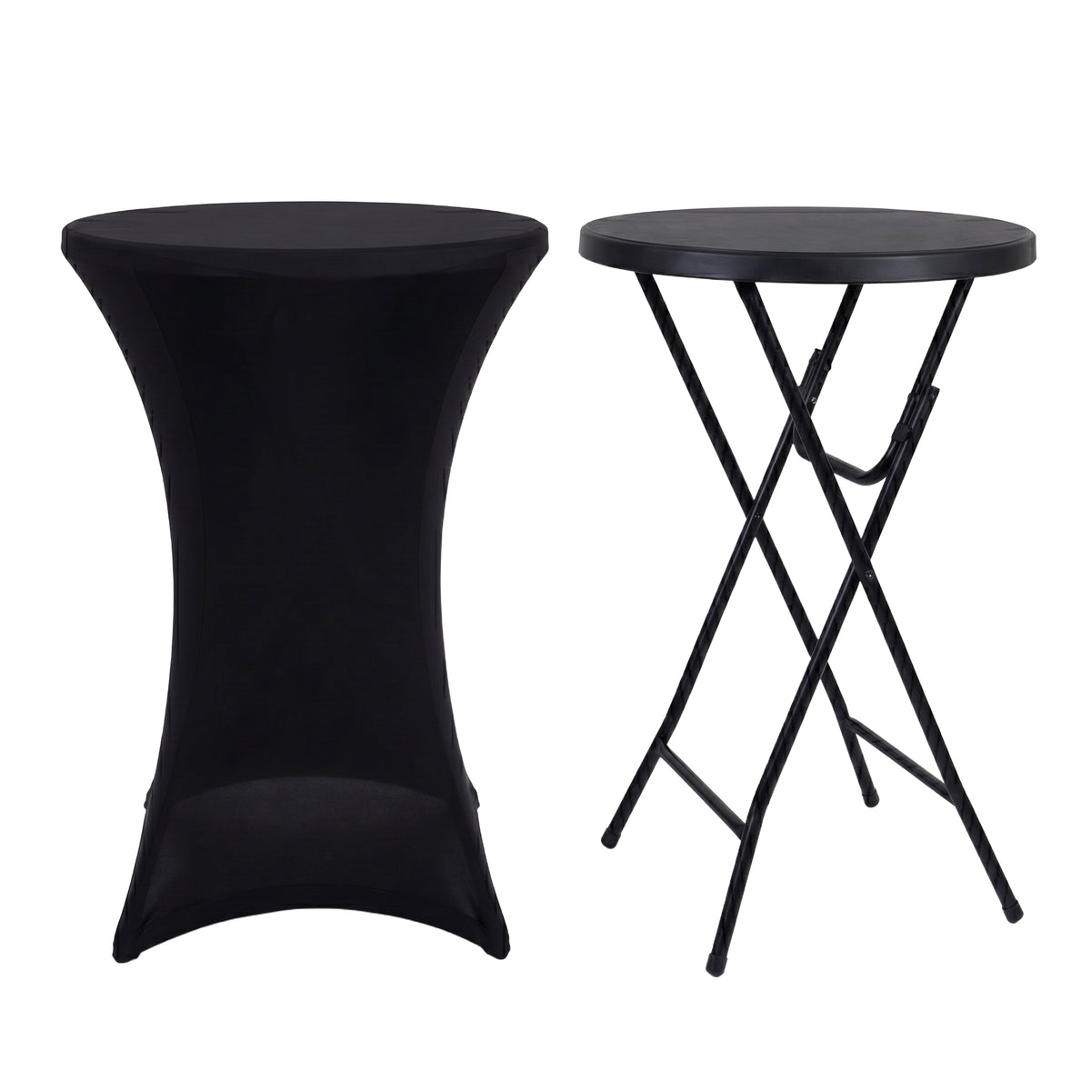 IvoQ Stehtisch Schwarz – Inklusive schwarzer Stretchhusse – Ø80 cm x 110 cm – Klappbar – Partytisch für Feier, Garten & Event