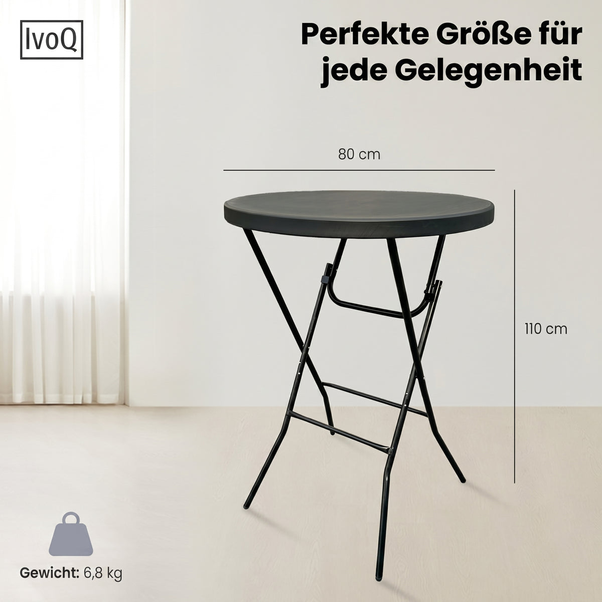 IvoQ Stehtisch Schwarz – Inklusive schwarzer Stretchhusse – Ø80 cm x 110 cm – Klappbar – Partytisch für Feier, Garten & Event