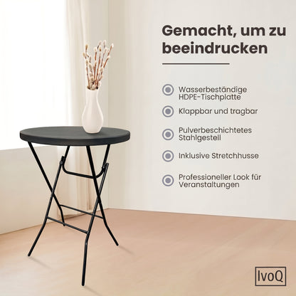 IvoQ Stehtisch Schwarz – Inklusive schwarzer Stretchhusse – Ø80 cm x 110 cm – Klappbar – Partytisch für Feier, Garten & Event