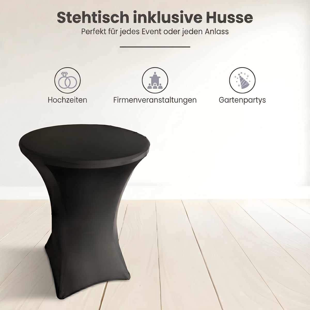 IvoQ Stehtisch Schwarz – Inklusive schwarzer Stretchhusse – Ø80 cm x 110 cm – Klappbar – Partytisch für Feier, Garten & Event