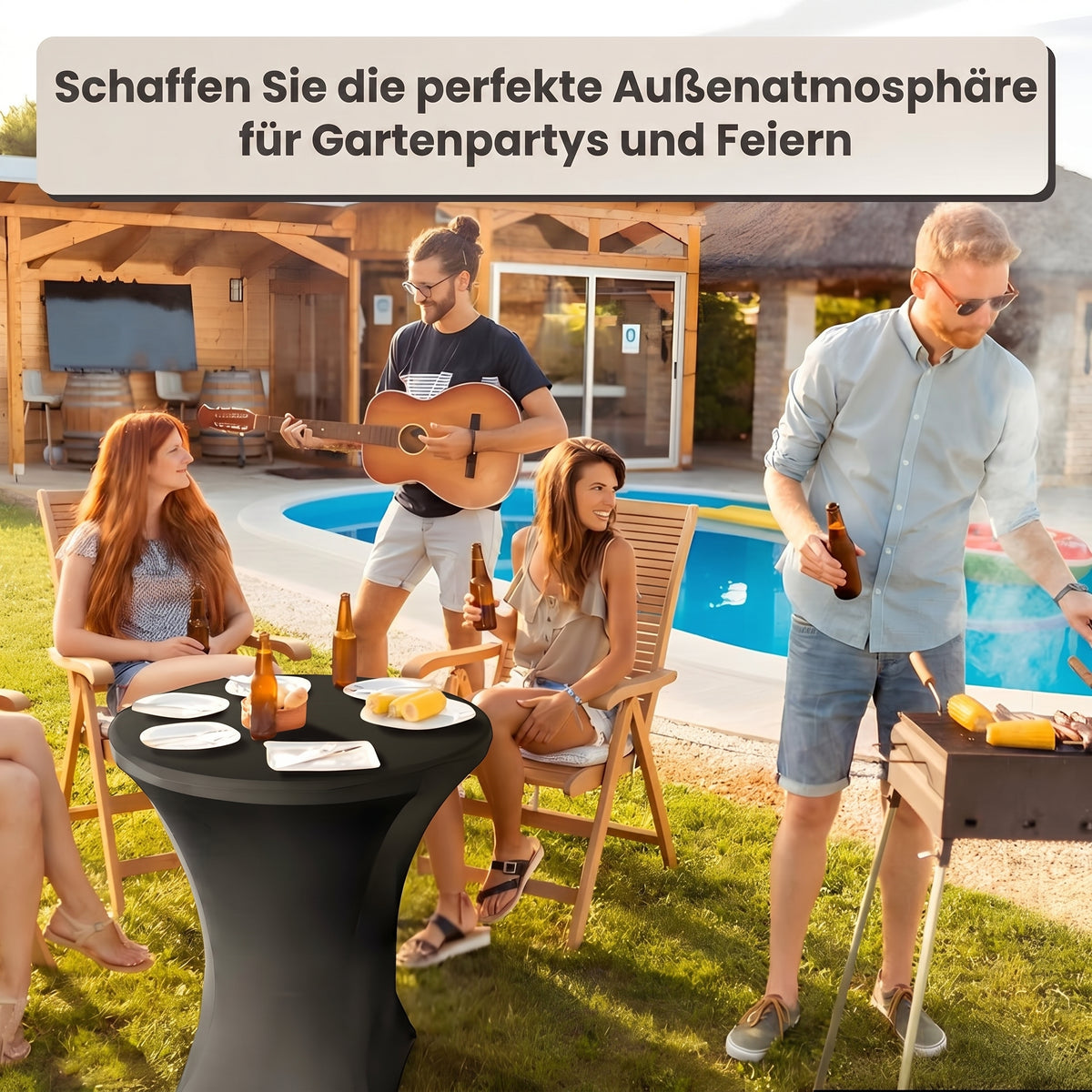 IvoQ Stehtisch Schwarz – Inklusive schwarzer Stretchhusse – Ø80 cm x 110 cm – Klappbar – Partytisch für Feier, Garten & Event