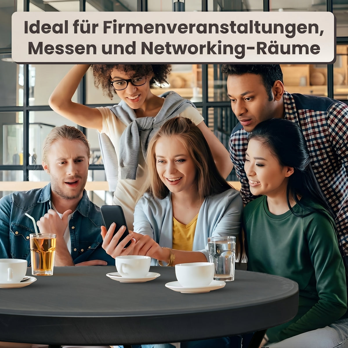 IvoQ Stehtisch Schwarz – Inklusive schwarzer Stretchhusse – Ø80 cm x 110 cm – Klappbar – Partytisch für Feier, Garten & Event