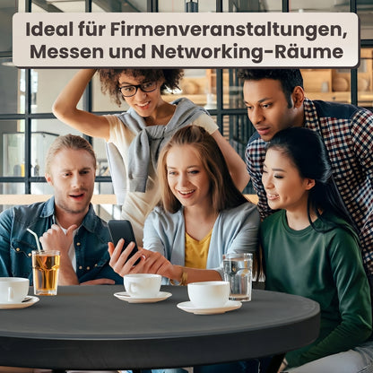 IvoQ Stehtisch Schwarz – Inklusive schwarzer Stretchhusse – Ø80 cm x 110 cm – Klappbar – Partytisch für Feier, Garten & Event