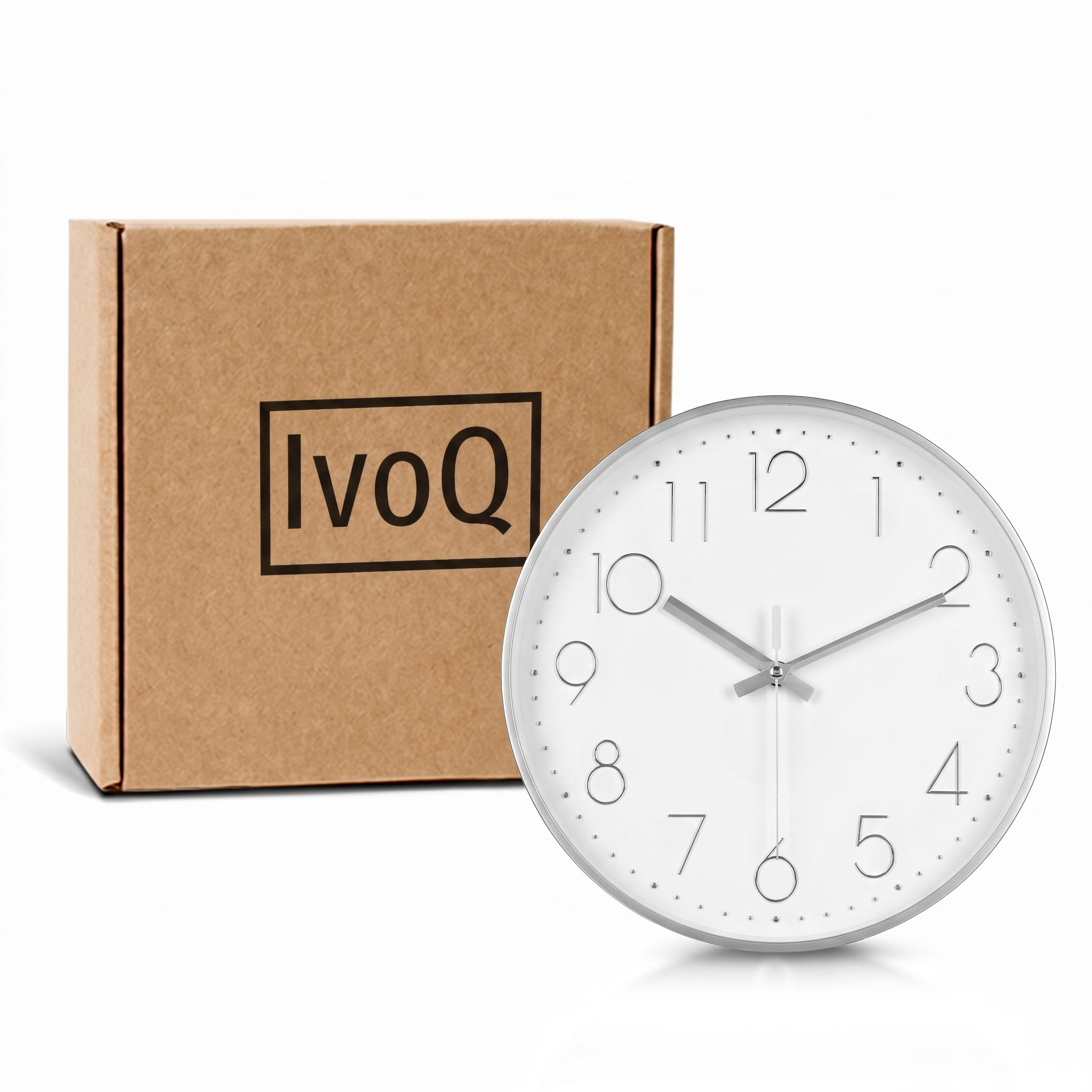 IvoQ Moderne Wanduhr 30 cm - 3D-Wanduhr mit leisem Uhrwerk - Analog - Silber/Weiß