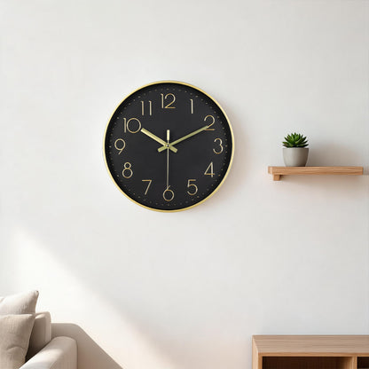 IvoQ Moderne Wanduhr - Schwarz/Gold - 30 cm - Lautloses Uhrwerk - 3D-Wanduhr