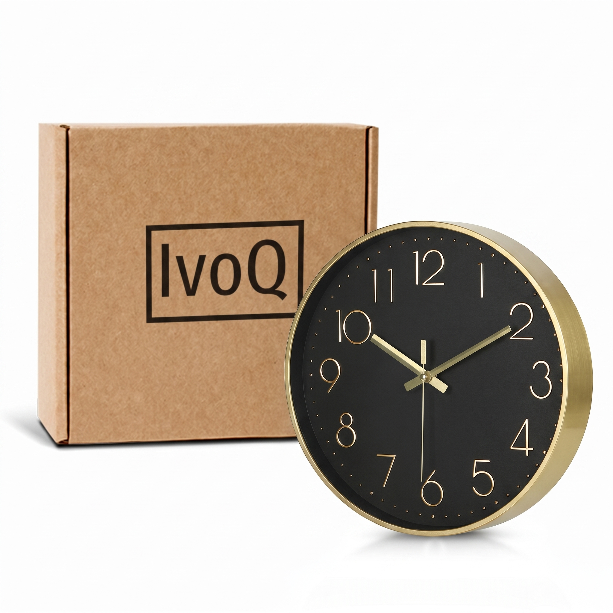 IvoQ Moderne Wanduhr - Schwarz/Gold - 30 cm - Lautloses Uhrwerk - 3D-Wanduhr