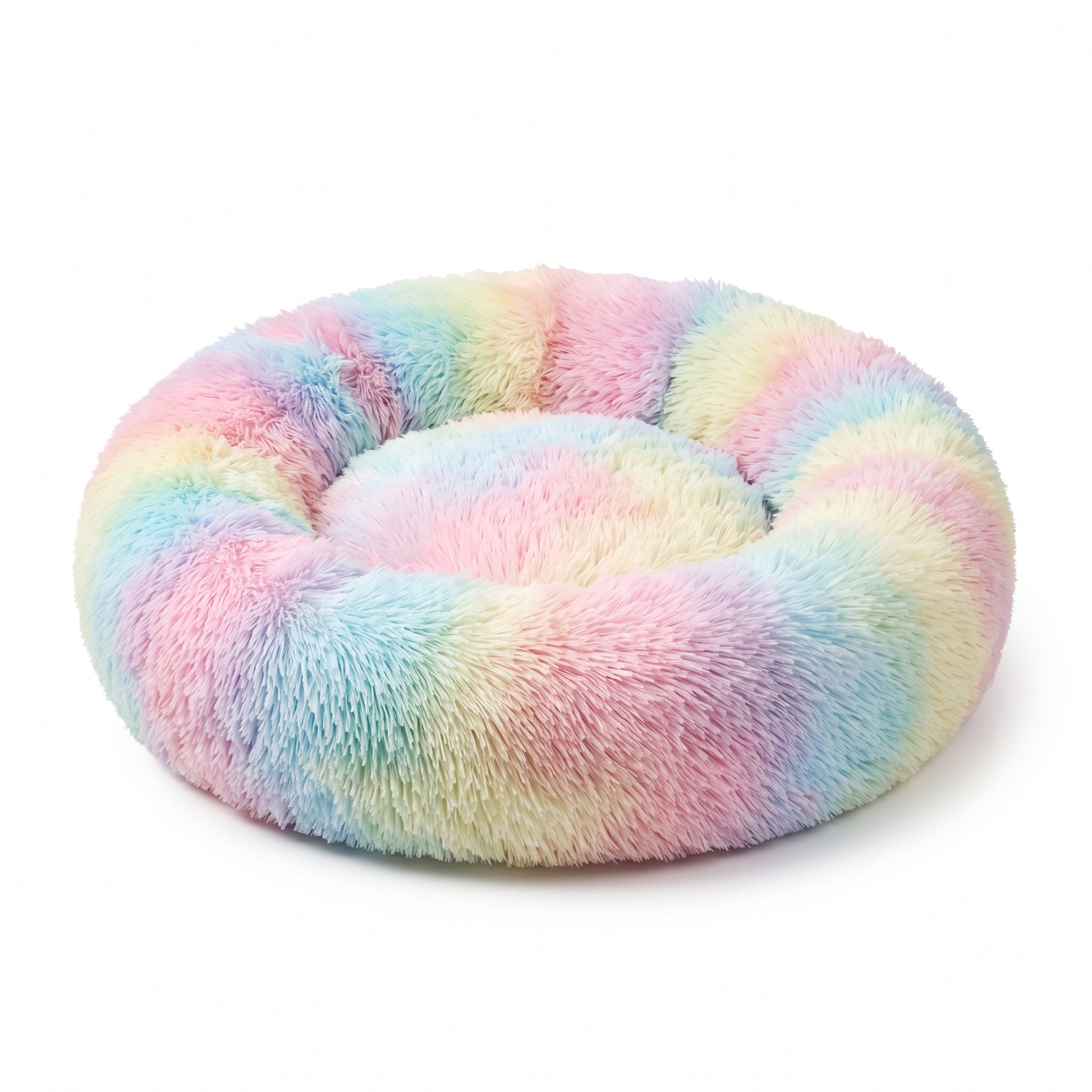 IvoQ Donut-Katzenbett – Ø 40 cm – Weiches Plüsch-Katzenbett für Katzen und kleine Hunde – Regenbogen