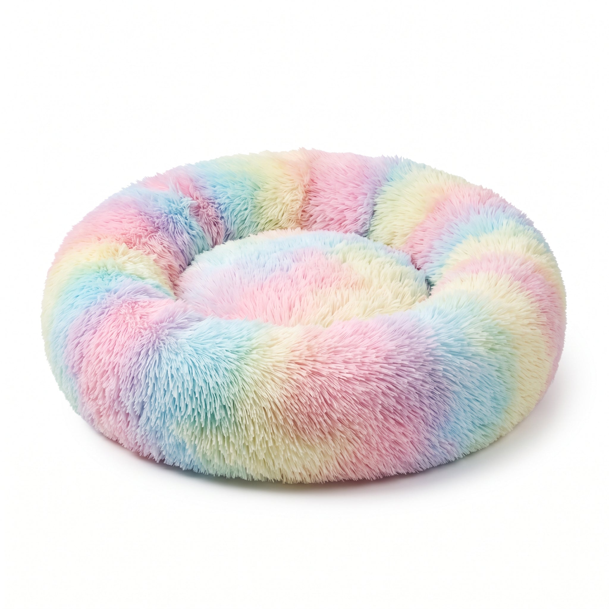 IvoQ Donut-Katzenbett – Ø 40 cm – Weiches Plüsch-Katzenbett für Katzen und kleine Hunde – Regenbogen