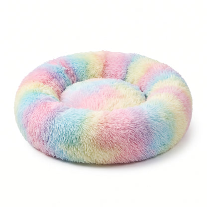 IvoQ Donut-Katzenbett – Ø 40 cm – Weiches Plüsch-Katzenbett für Katzen und kleine Hunde – Regenbogen