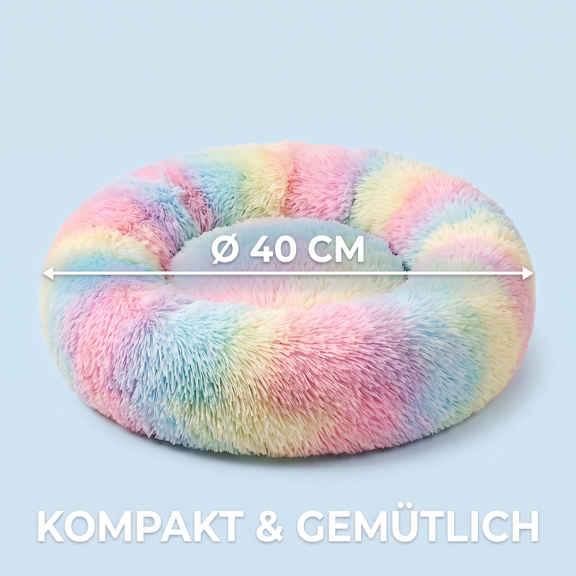 IvoQ Donut-Katzenbett – Ø 40 cm – Weiches Plüsch-Katzenbett für Katzen und kleine Hunde – Regenbogen