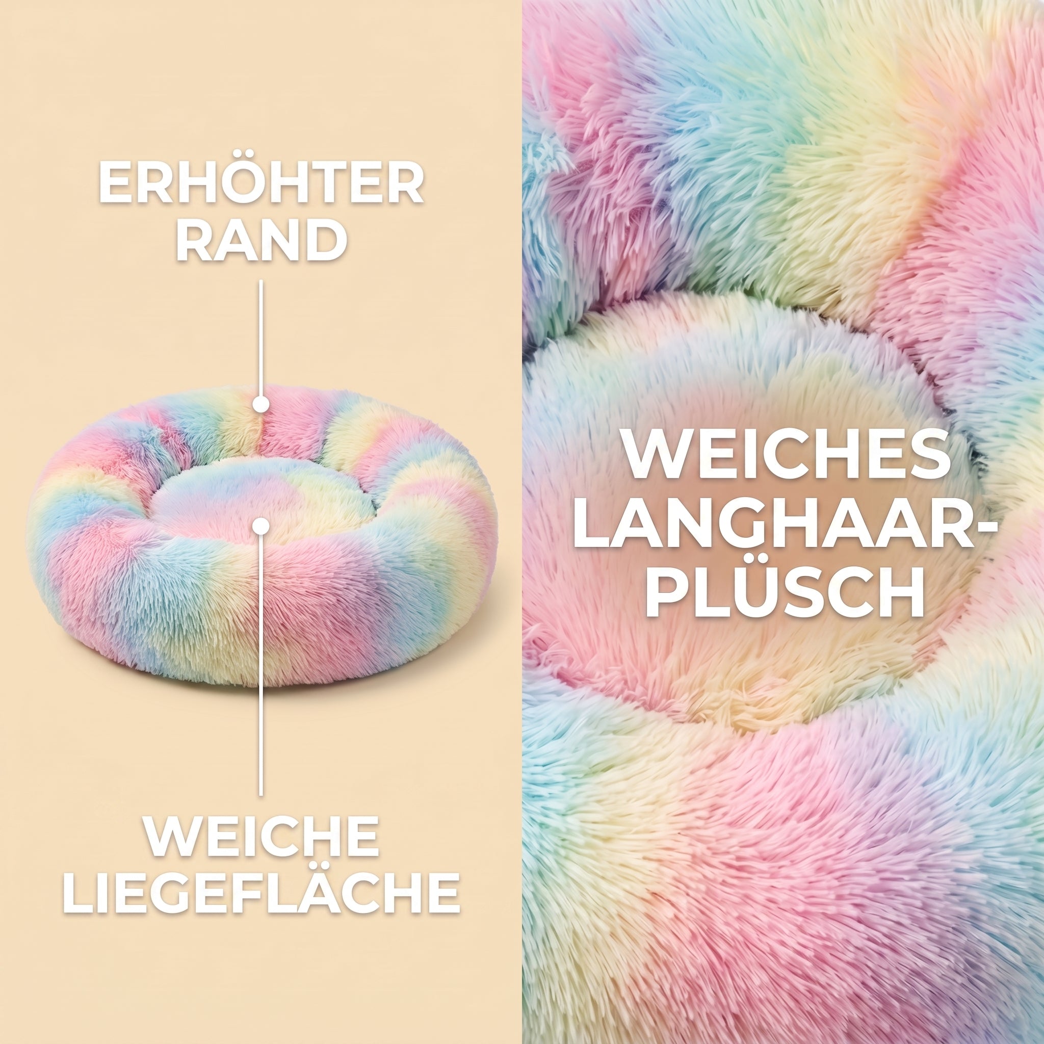 IvoQ Donut-Katzenbett – Ø 40 cm – Weiches Plüsch-Katzenbett für Katzen und kleine Hunde – Regenbogen