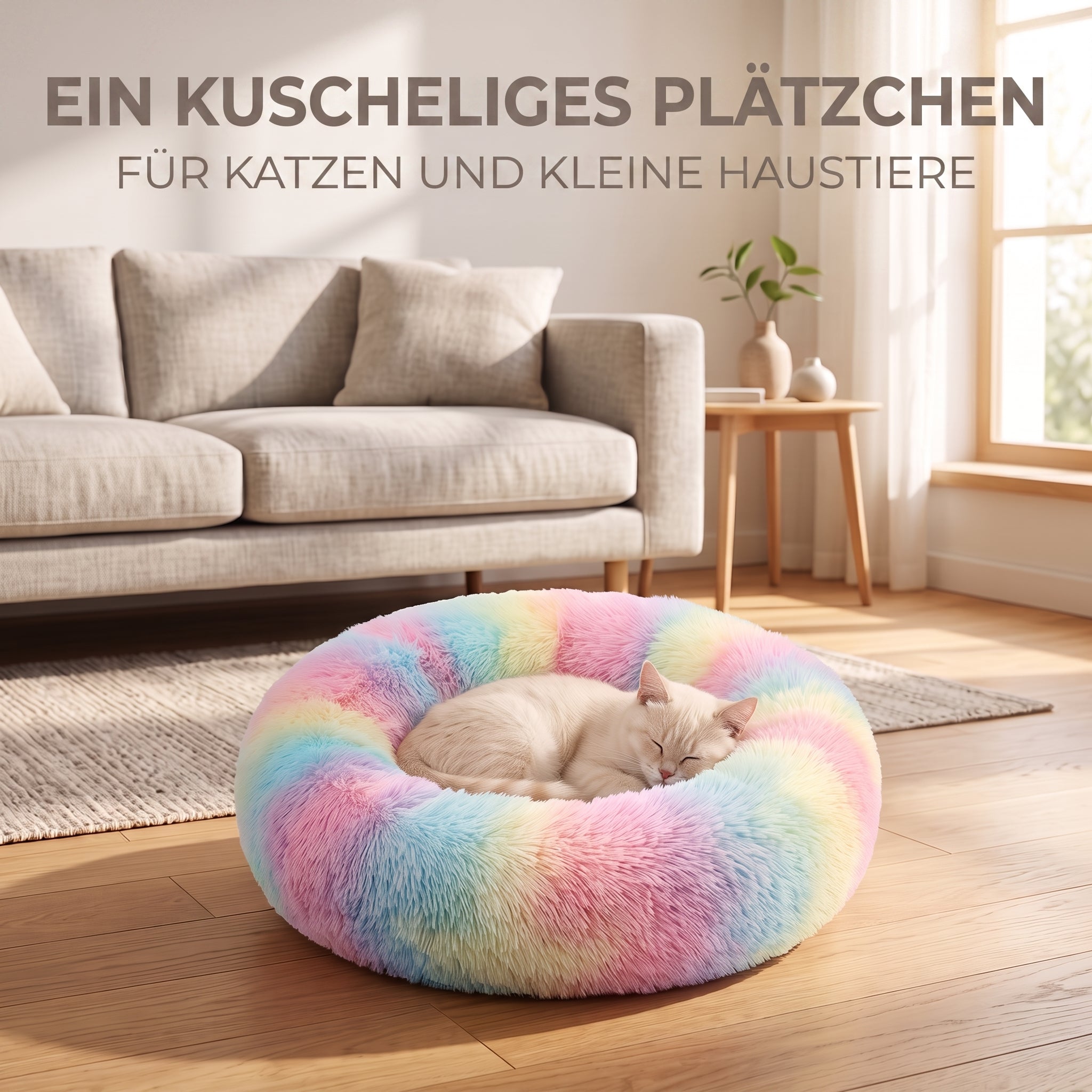 IvoQ Donut-Katzenbett – Ø 40 cm – Weiches Plüsch-Katzenbett für Katzen und kleine Hunde – Regenbogen