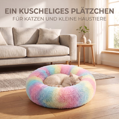 IvoQ Donut-Katzenbett – Ø 40 cm – Weiches Plüsch-Katzenbett für Katzen und kleine Hunde – Regenbogen