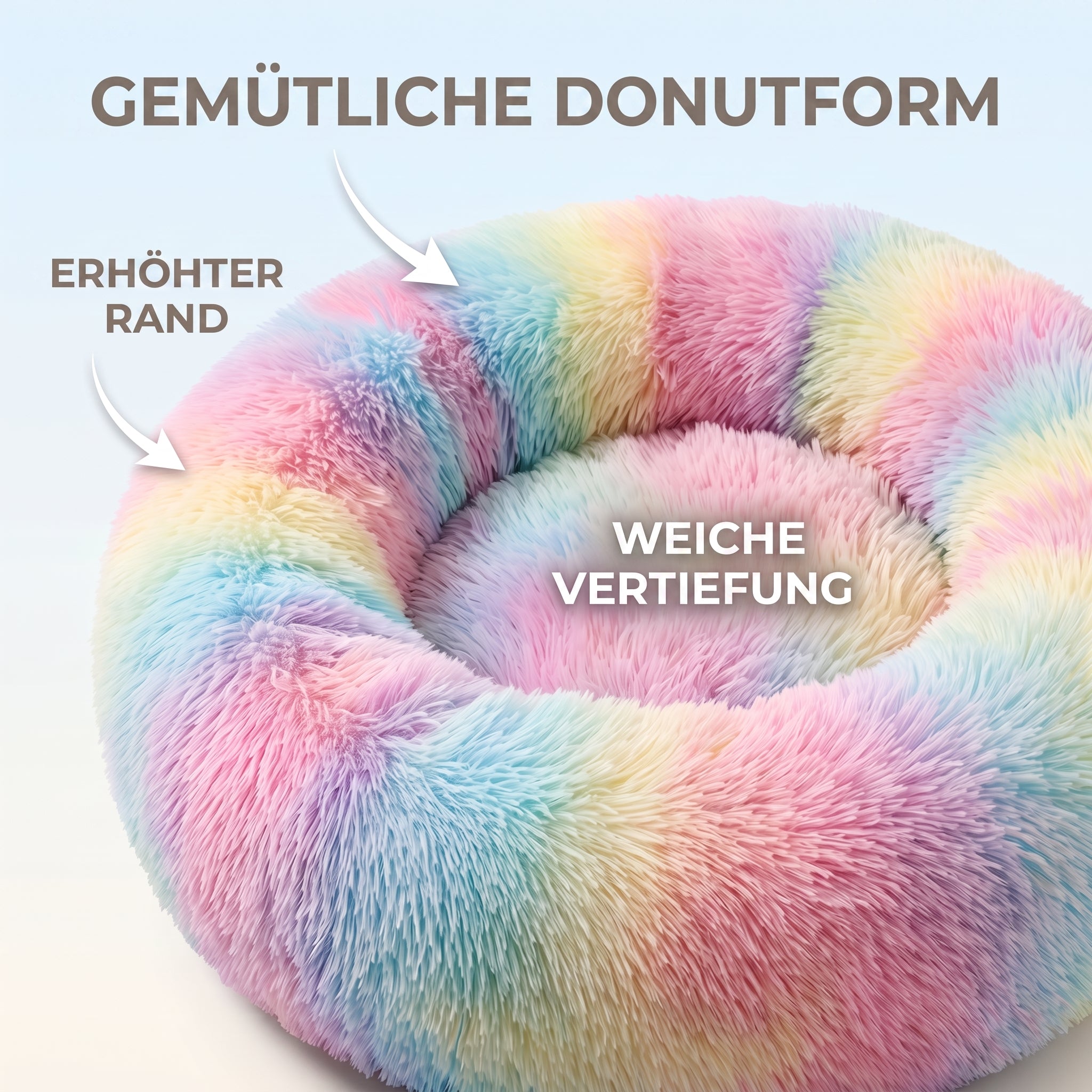 IvoQ Donut-Katzenbett – Ø 40 cm – Weiches Plüsch-Katzenbett für Katzen und kleine Hunde – Regenbogen