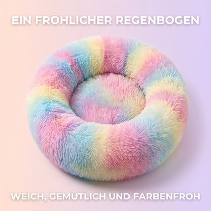 IvoQ Donut-Katzenbett – Ø 40 cm – Weiches Plüsch-Katzenbett für Katzen und kleine Hunde – Regenbogen
