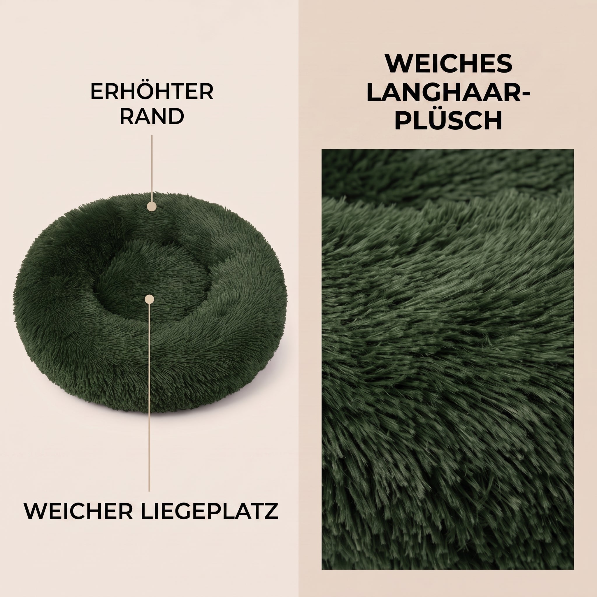 IvoQ Donut Hundebett & Katzenbett – Ø 50 cm – Weiches Plüsch-Haustierbett – Dunkelgrün – Für Katzen und kleine Hunde