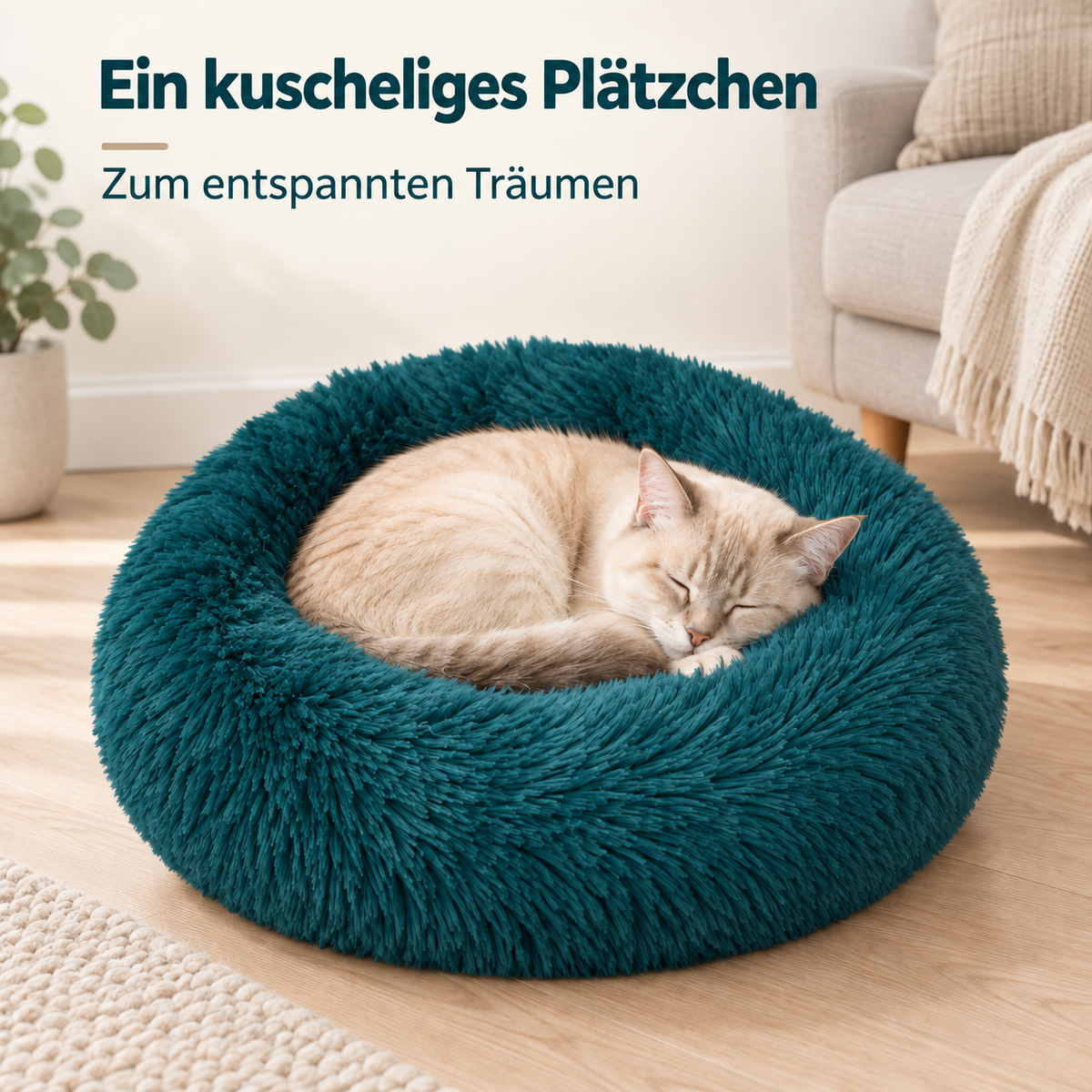 Hundebett Donut - Katzenbett - Weiches Plüsch - Erhöhter Rand - Ø 50 cm - Petrolblau