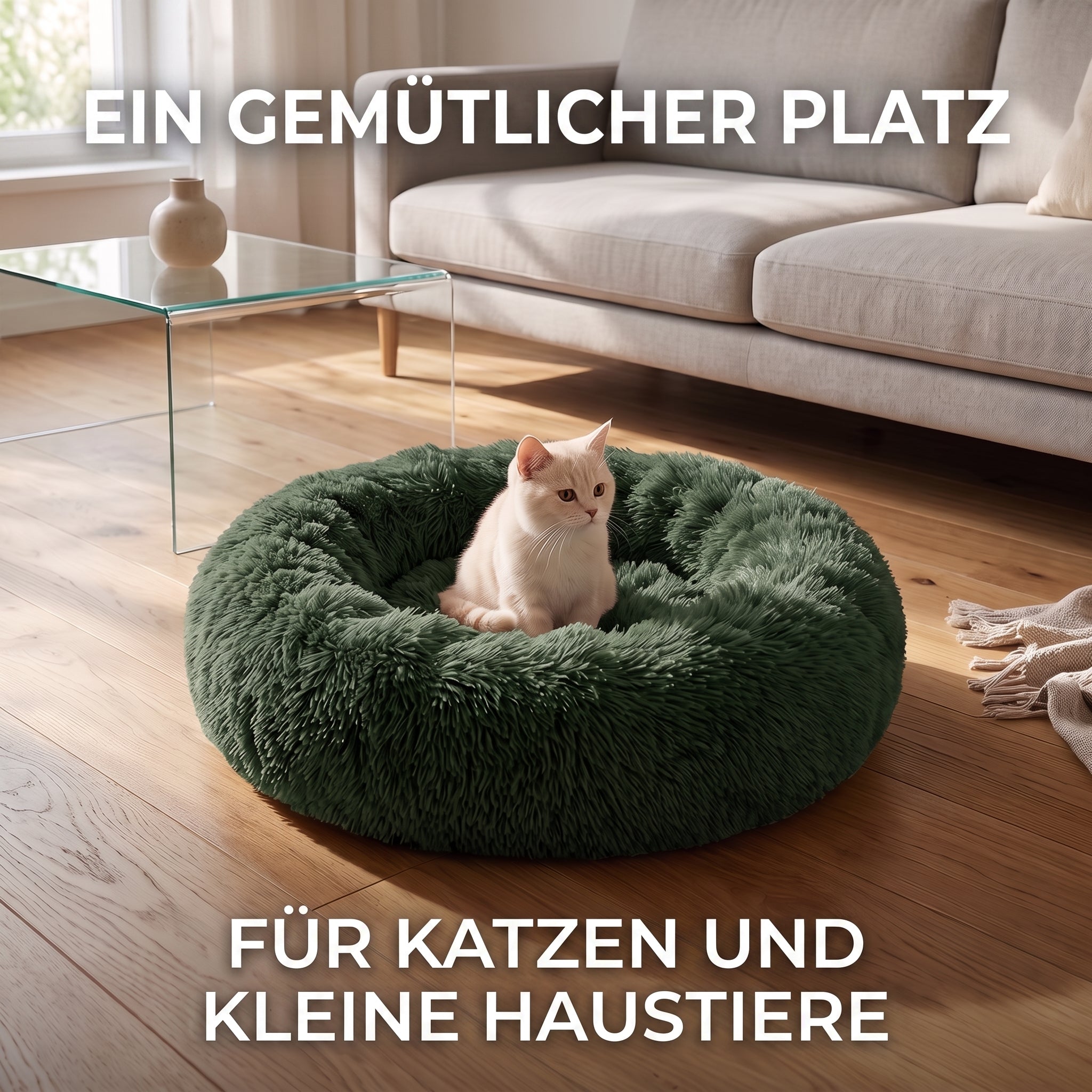 IvoQ Donut Hundebett & Katzenbett – Ø 50 cm – Weiches Plüsch-Haustierbett – Dunkelgrün – Für Katzen und kleine Hunde