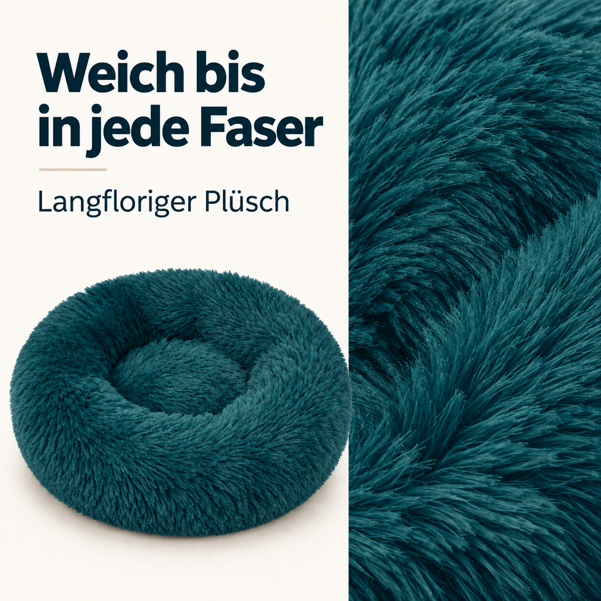 Hundebett Donut - Katzenbett - Weiches Plüsch - Erhöhter Rand - Ø 50 cm - Petrolblau