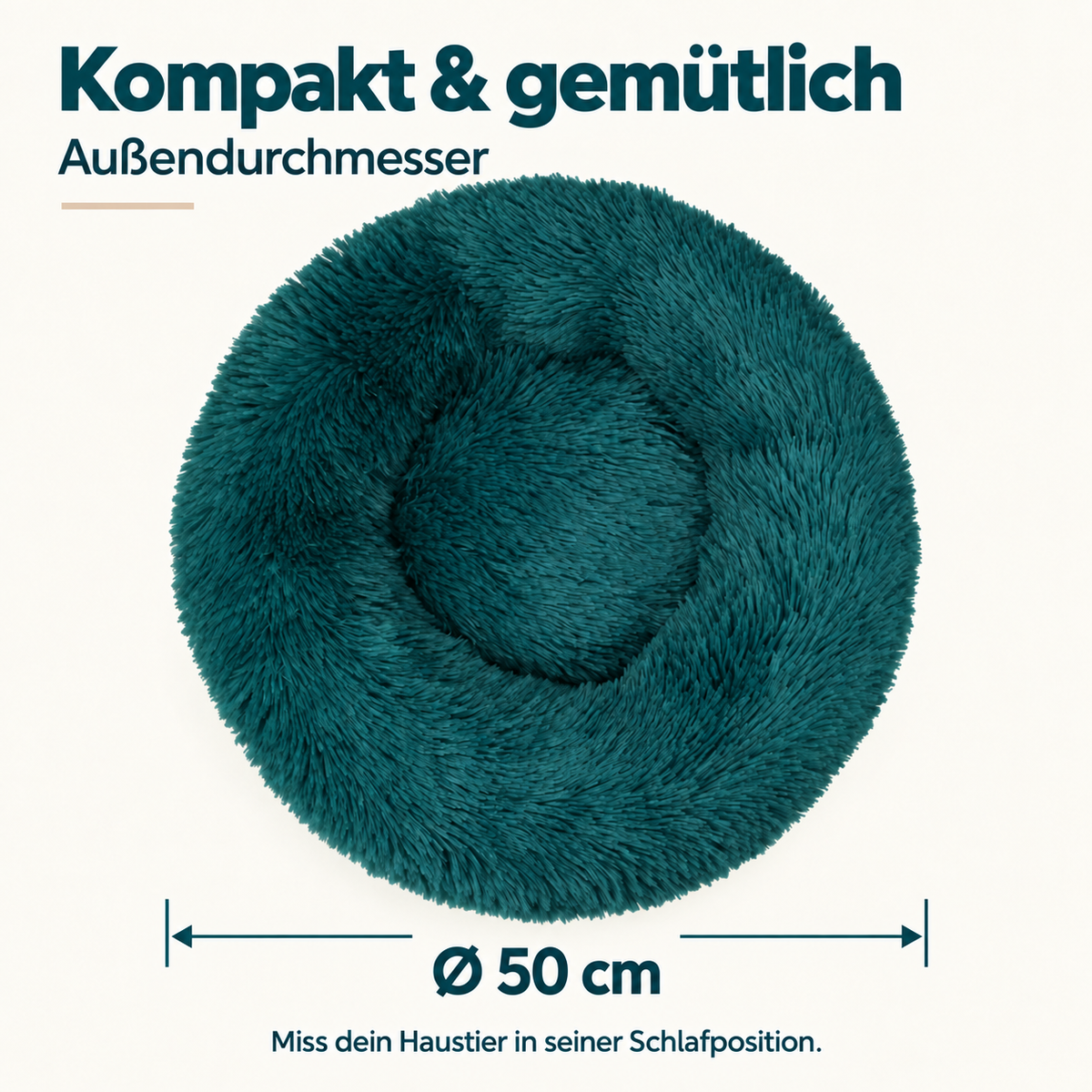 IvoQ Hundebett Donut - Katzenbett - Weiches Plüsch - Erhöhter Rand - Ø 50 cm - Petrolblau