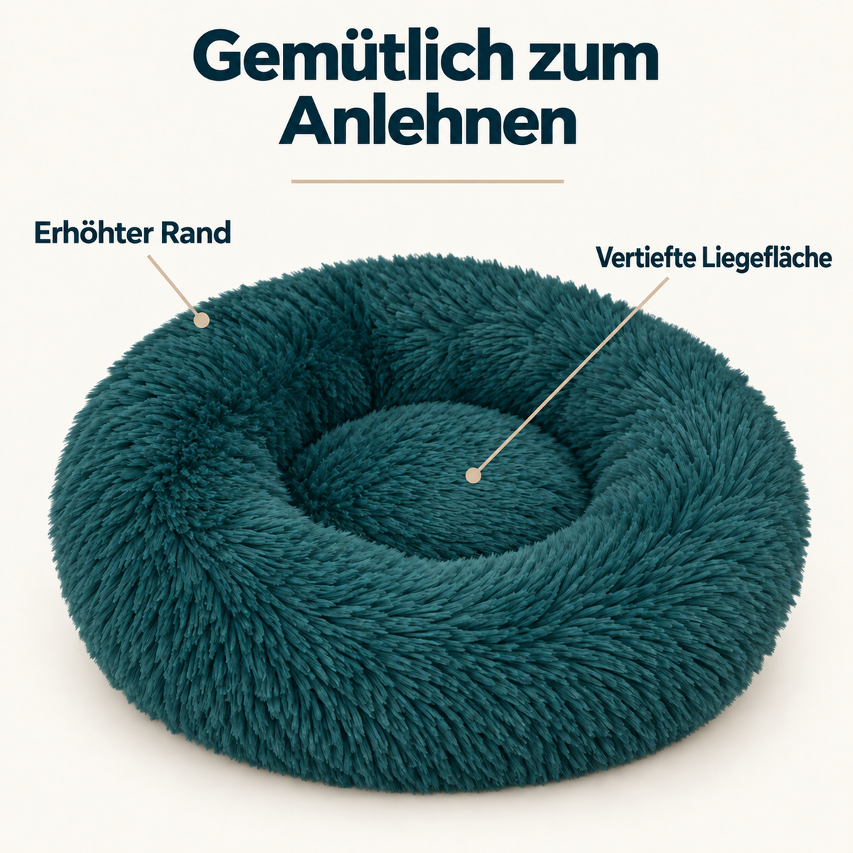 Hundebett Donut - Katzenbett - Weiches Plüsch - Erhöhter Rand - Ø 50 cm - Petrolblau