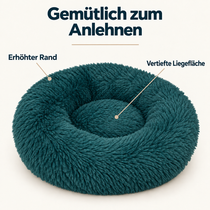 IvoQ Hundebett Donut - Katzenbett - Weiches Plüsch - Erhöhter Rand - Ø 50 cm - Petrolblau