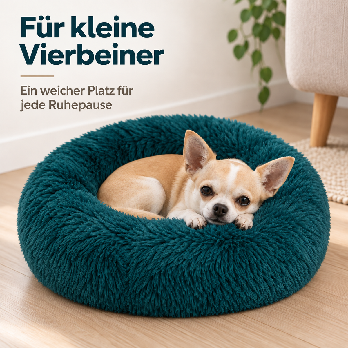 Hundebett Donut - Katzenbett - Weiches Plüsch - Erhöhter Rand - Ø 50 cm - Petrolblau