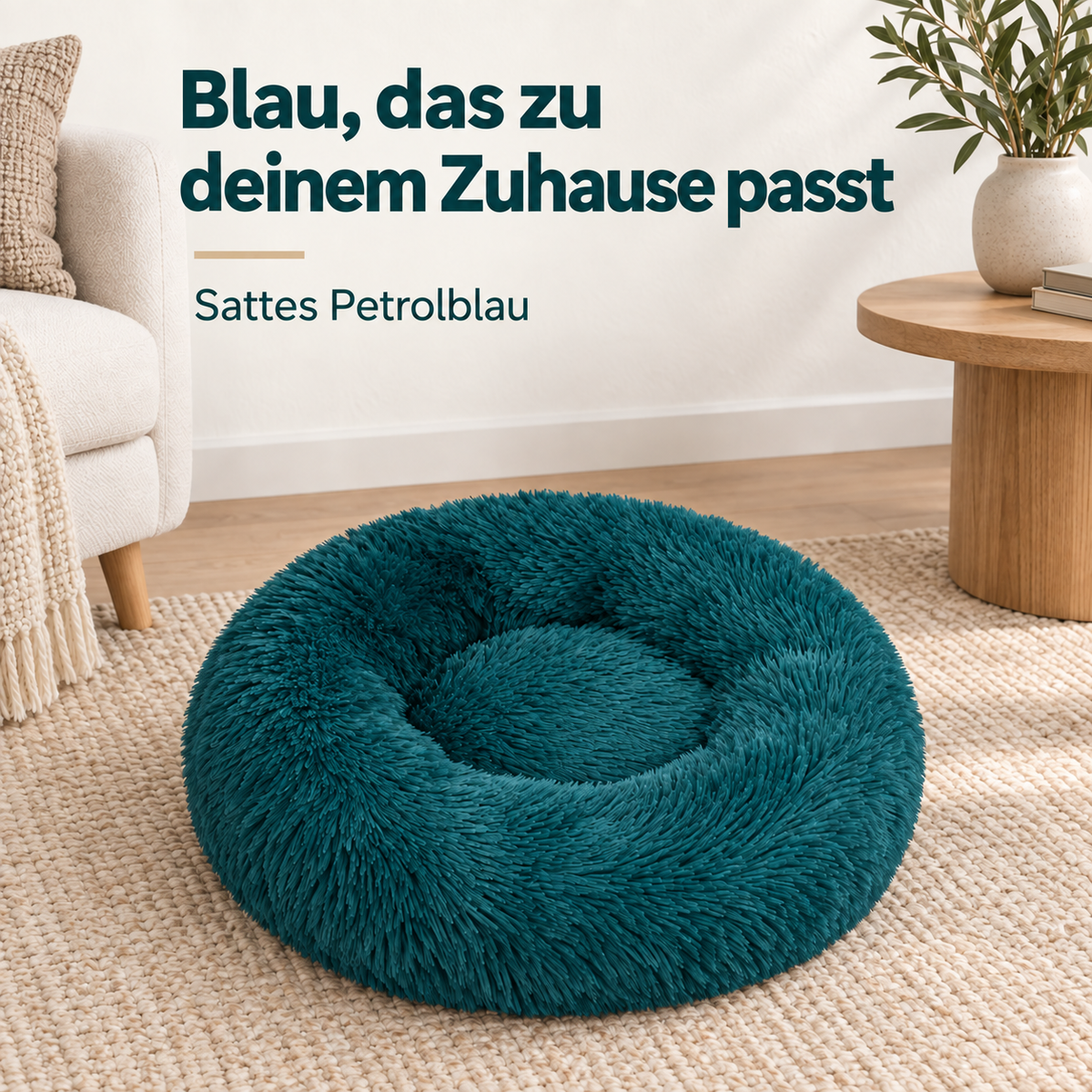 IvoQ Hundebett Donut - Katzenbett - Weiches Plüsch - Erhöhter Rand - Ø 50 cm - Petrolblau