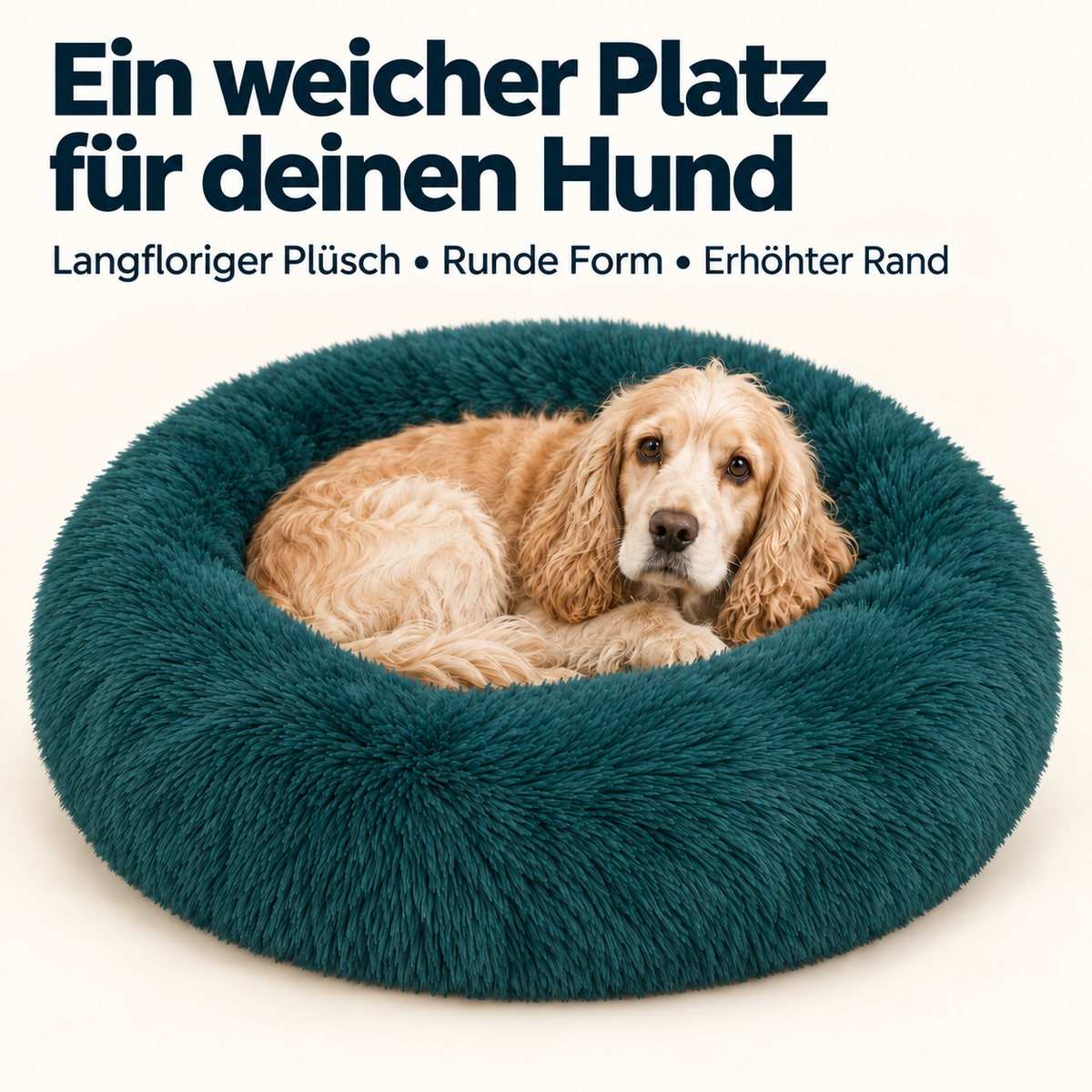 IvoQ Donut Hundebett 100 cm - Flauschiges Hundekissen - Weicher Plüsch - Erhöhter Rand - Petrolblau