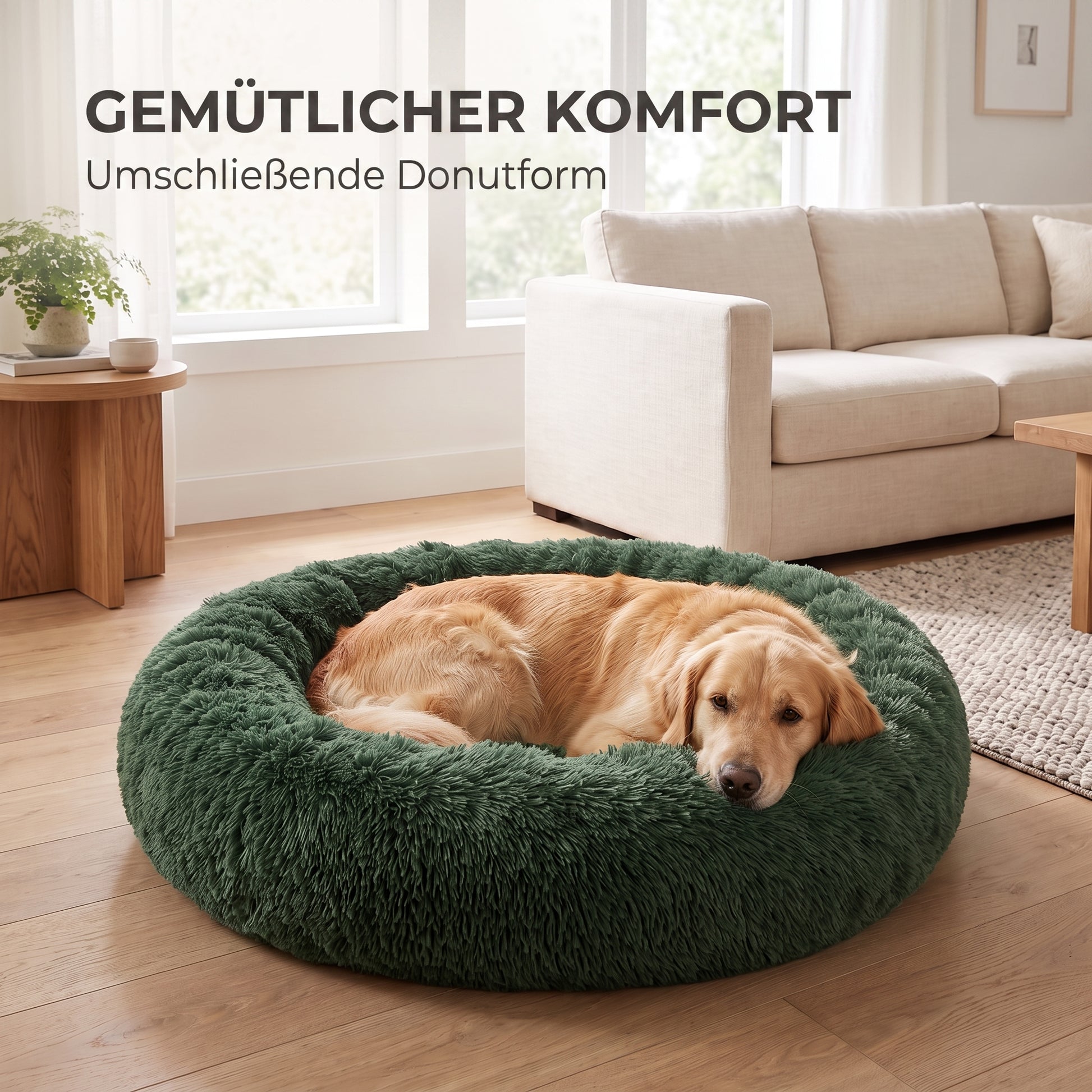 IvoQ Fluffy Donut Hundebett Ø 100 cm – Weiches Hundebett – Dunkelgrün