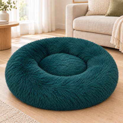 IvoQ Donut Hundebett 100 cm - Flauschiges Hundekissen - Weicher Plüsch - Erhöhter Rand - Petrolblau
