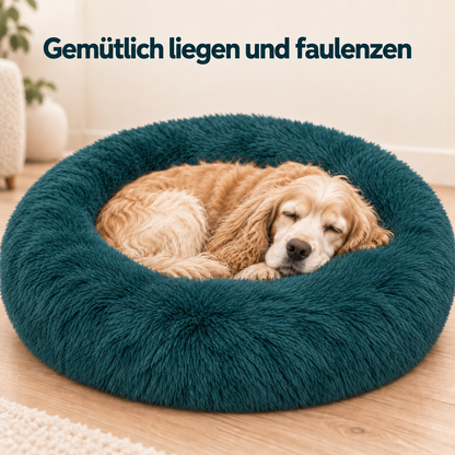 IvoQ Donut Hundebett 100 cm - Flauschiges Hundekissen - Weicher Plüsch - Erhöhter Rand - Petrolblau