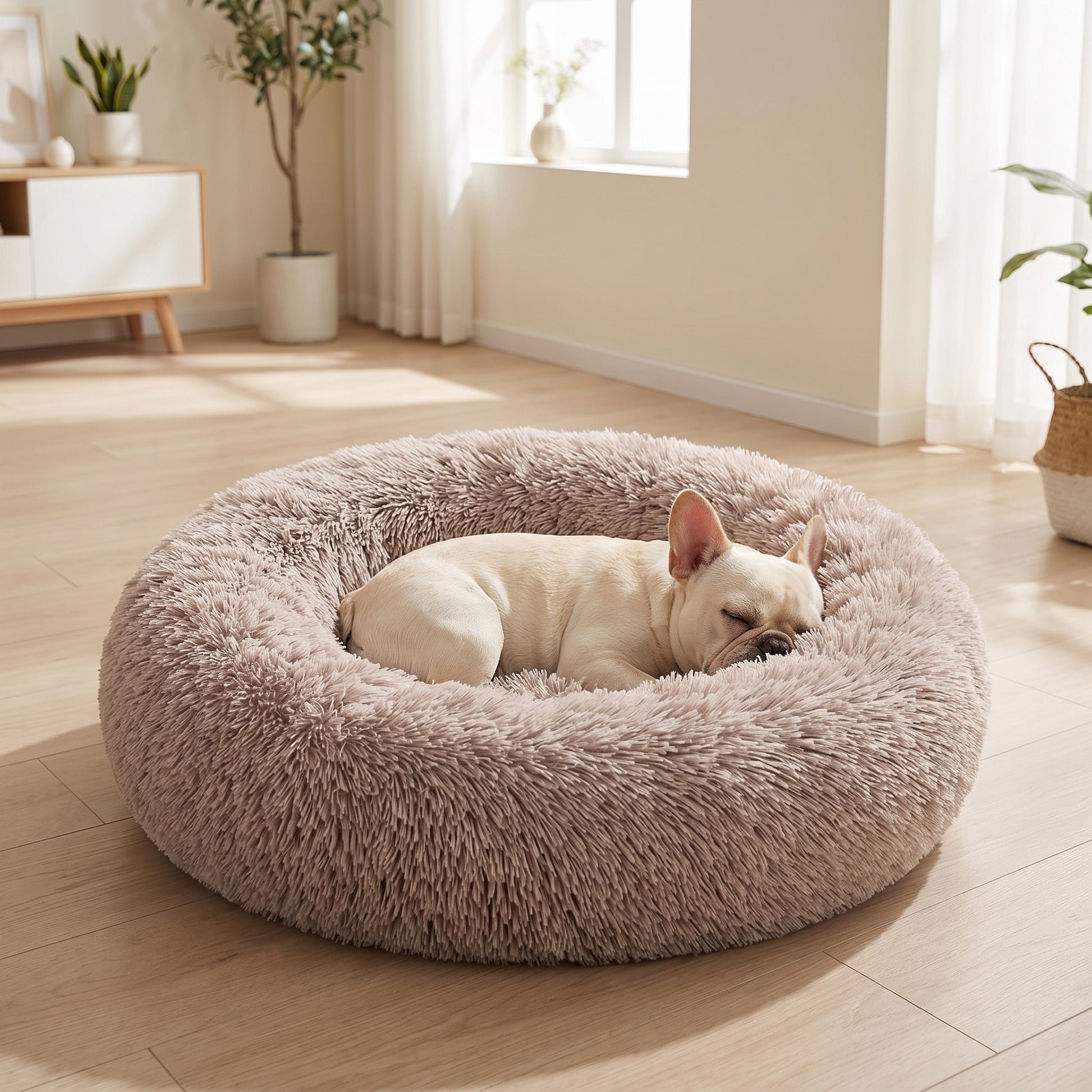 IvoQ Hundebett Rund Ø 60 cm – Fluffy Donut-Hundebett mit hohem weichem Rand – Beige – Für kleine Hunde und Katzen