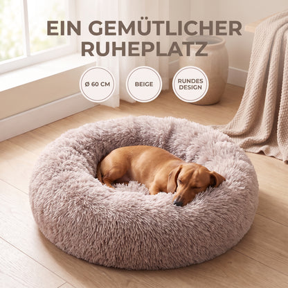 IvoQ Hundebett Rund Ø 60 cm – Fluffy Donut-Hundebett mit hohem weichem Rand – Beige – Für kleine Hunde und Katzen