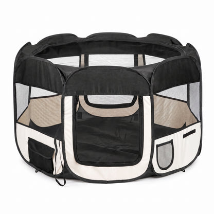 IvoQ Faltbarer Welpenlaufstall mit Dach – 114 x 114 x 58 cm – Schwarz/Creme