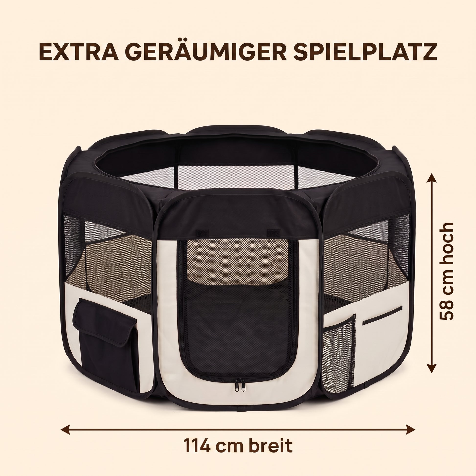 IvoQ Faltbarer Welpenlaufstall mit Dach – 114 x 114 x 58 cm – Schwarz/Creme