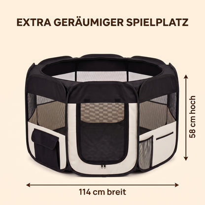 IvoQ Faltbarer Welpenlaufstall mit Dach – 114 x 114 x 58 cm – Schwarz/Creme