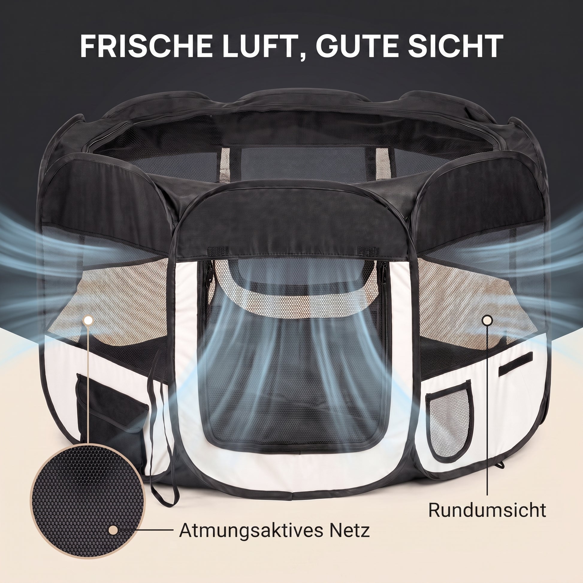 IvoQ Faltbarer Welpenlaufstall mit Dach – 114 x 114 x 58 cm – Schwarz/Creme